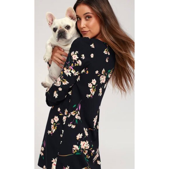 LULU'S Navy Herbaceous Babe Floral Print Long Sleeve Shift Dress Size Small - Picture 2 of 8